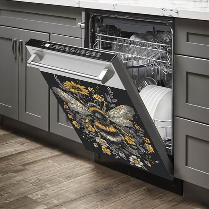 Flower and Bee Painting Dishwasher Magnet Cover Sticekr - Kitchen Decorative Fridge Panel Decal - Kitchen Appliances Decorate Sticker - 23W x 26H inchs