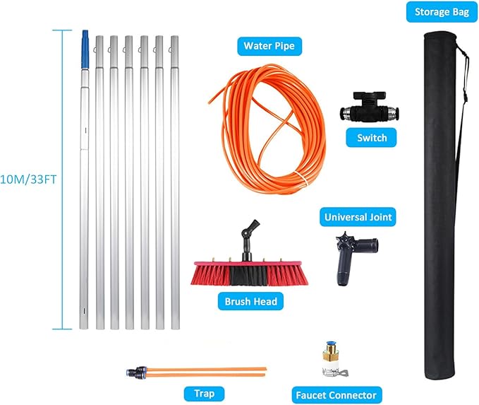 Window cleaning pole 3~12m extendable window cleaning kit window cleaning pole steel buckle fixing, easy to install,with 20m water supply hose 50cm water hole large brush head Roof Cleaning Tools