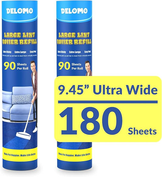 DELOMO Large Lint Roller Refills (2 Pack, 180 Sheets) ?€? Compatible Only with DELOMO 9.45 in Floor Lint Roller ?€? Extra Sticky Floor Lint Roller Refill for Carpets, Cars, Beds, Couches & Pet Hair by DELOMO