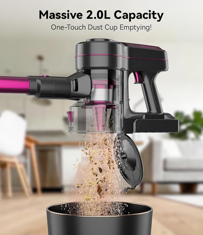 Cordless Vacuum Cleaner for Home,600W 40000PA 70Mins, Self-Standing,Powerful Suction Anti-Tangle Long&Pet Hair, Easily Picks Up Hard/Soft Debris for All Surfaces:Hardwood Floors,Tile,Carpet (Magenta)