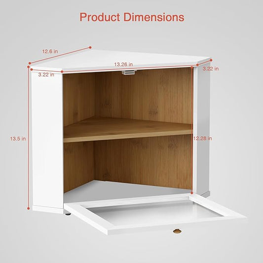 White Corner Bread Box for Kitchen Countertop, 2 Tier Breadbox for Sourdough Loaf, Modern Bread Storage Container for Island Counter Top Organizer, Cabinet Cupboard Pantry Shelf (Bamboo Wood)