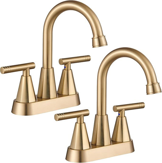 Cobbe Bathroom Faucets for Sink 3 Hole, 4 Inch with Pop Up Drain and 2 Supply Hoses, 2 Handle Centerset Bathroom Faucet for Sink Vanity, Brushed Gold, 2 Pack