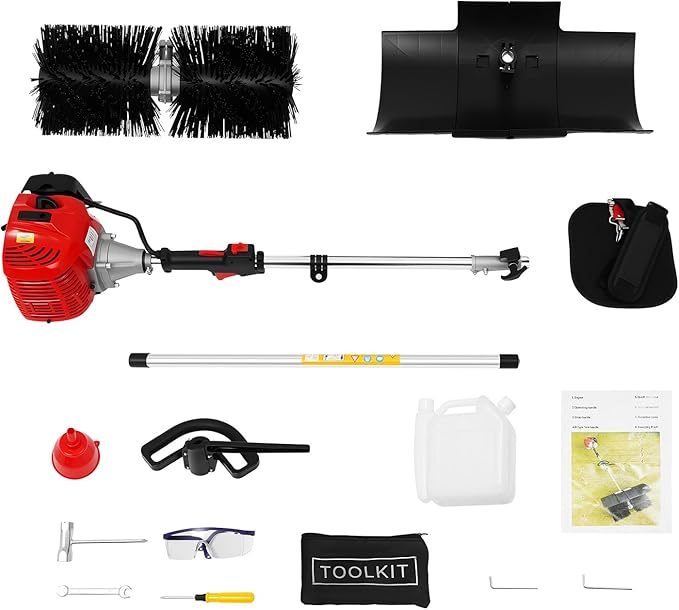 52CC 2-Stroke Gas Power Handheld Sweeper Broom, 1700W Driveway Turf Artificial Grass Snow Cleaner with 33.8-oz Fuel Tank, 20in Walk Behind Sweeper Lawn Cleaner Tools for Boulevards, Lawns, Sidewalks