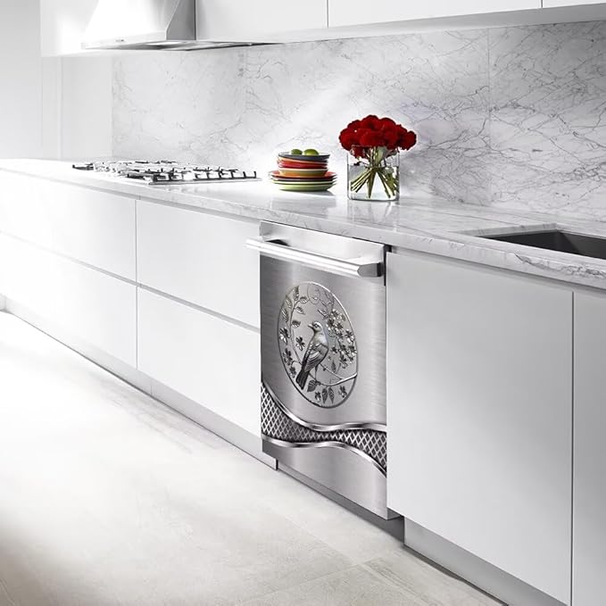 Stainless Steel Design Bird Wallpaper Dishwasher Magnet Cover Sticker,Refrigerator Magnet Cover Decal Fridge Microwave Stickers Kitchen Decor,23 x 17 Inch