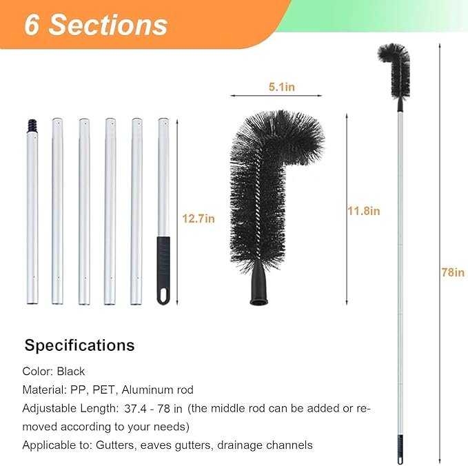 Gutter Cleaner Tools From Ground For Rooftops Wet Leaves, Gutter Cleaning Tools with 3 Brush Heads, Gutter Brush with Telescoping Handle to Unclog Downspouts(7.5ft)