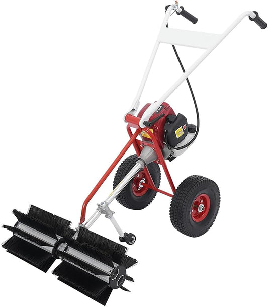 4 Stroke Gas Powered Hand Push Sweeper Strong Power Lawn Sweeper Machine with 23.62" Long High-Density Brush, Broom Walk Behind Driveway Turf Lawns Cleaning Driveway Tools