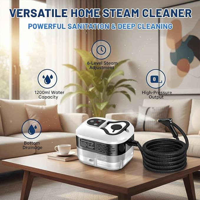 Handheld Steam Cleaner: 2500W High Temperature Pressurized Steamer with 6 Adjustable Levels - Portable Multi-Surface Steam Cleaning Machine for Kitchen, Bathroom, Furniture, Car, Windows (White)
