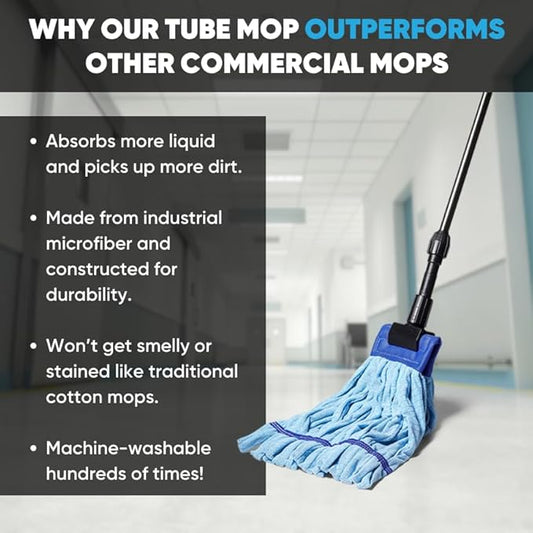 Bulk Commercial Mop Head Replacement (24 Count) - Medium Microfiber Tube Mop (14 oz.) | Industrial Wet Mops | Refill, Machine Washable, Heavy Duty | Hardwood, Tile, Laminate, Vinyl Floors (Blue)