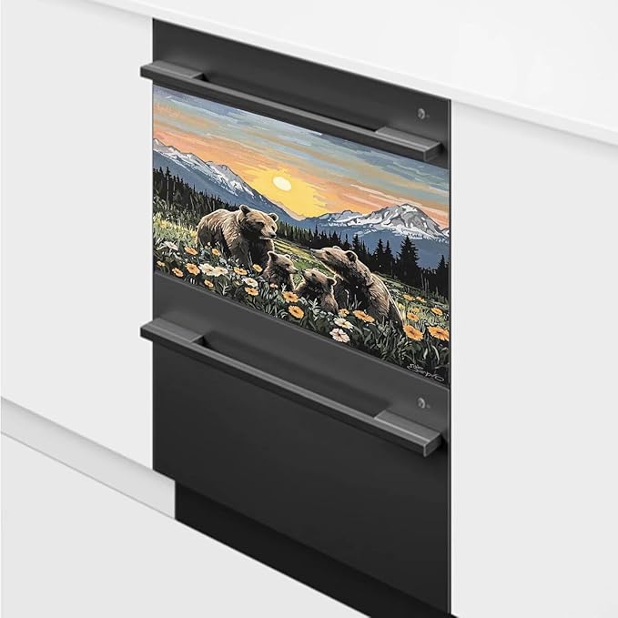 Dishwasher Magnet Cover Panel Sunset Garden Bears Refrigerator Magnetic Stickers Oil Painting Style Brown Bear Magnetic Dishwasher Decals for Home Kitchen Decor 23" x 17"(Magnetic)
