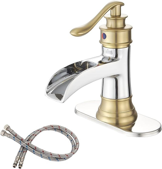 BWE Bathroom Faucet Waterfall Single Handle Chrome and Gold Vanity with Pop Up Drain Stopper with Overflow One Hole Lever Bath Sink Basin Restroom Mixer Tap Commercial Supply Line