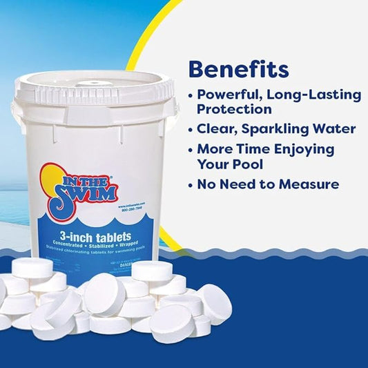 In The Swim Shock and Chlorine Bundle for Sanitizing Swimming Pools – Includes 24 x 1 Pound Bags of 68% Cal-Hypo Pool Shock and 50 Pound Bucket of 3 Inch Stabilized Chlorine Tablets