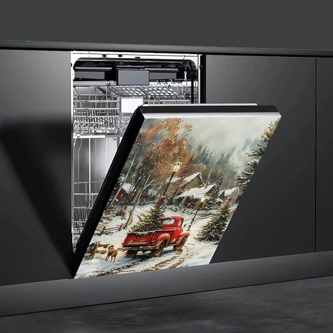 Red Truck with Christmas Tree Dishwasher Face Cover Magnetic,Forest Winter Landscapes Stickers,Xmas Streelight Sticker,Fridge Cover,23Wx26H