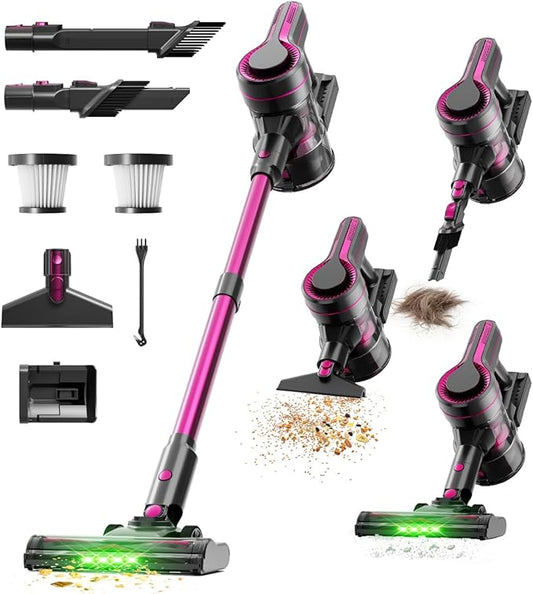 Cordless Vacuum Cleaner for Home,600W 40000PA 70Mins, Self-Standing,Powerful Suction Anti-Tangle Long&Pet Hair, Easily Picks Up Hard/Soft Debris for All Surfaces:Hardwood Floors,Tile,Carpet (Magenta)