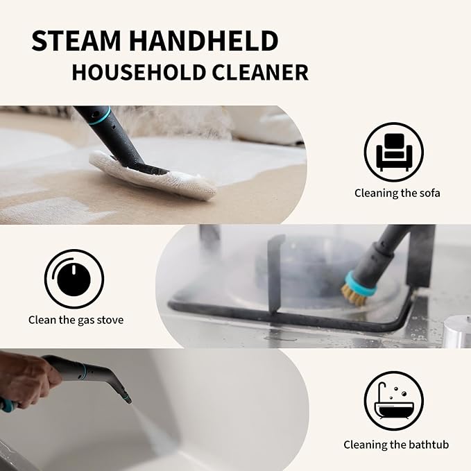Heapsion Steam Cleaner, Steamer for Cleaning with 15s Heat-Up, 6 Adjustable Levels, Large 1.32 Quarts Tank, Pressurized Handheld Steam Cleaner for Home, Dirt, Grease, Grout, Tile,Floor, Car, 12 pcs