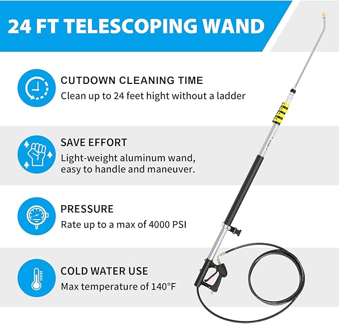 24 FT Telescoping Pressure Washer Wand Extension, Hot Water Supported Power Washer Extension Wand with Turbo Nozzle, 5 Nozzle Tips, 2 Adapters, Harness, Gutter Cleaning Tools from The Ground