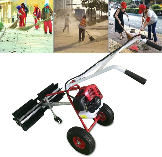 Handheld Sweeper 43CC 2 Stroke Gasoline Power Sweeper Outdoor Sweeping Broom 1.7HP Walk Behind Sweeper Cleaner Turf Lawns Driveway Grass Sweeping Cleaning Tool