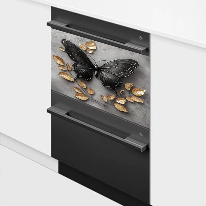 Black Butterfly Gold Leaf Dishwasher Magnet Cover Metalized Pattern Front Dishwasher Cover Magnetic Home Appliances Doors Panel Magnets Decals Kitchen Decorative 23" x 17"(Magnetic)