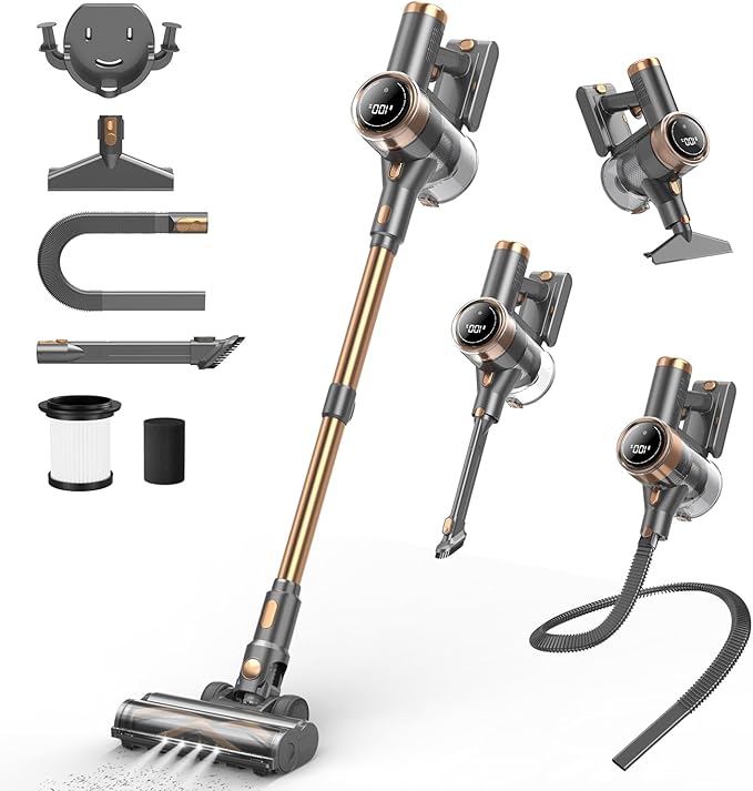 Cordless Vacuum Cleaner, 10-in-1 Lightweight Stick Vacuum with 45mins Runtime, Powerful Suction, LED Touch Screen, Rechargeable Vacuum Cleaners for Home Hardwood Floor Carpet Pet Hair (Gold)