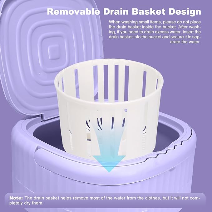 Portable Washing Machine, 9L Mini Foldable Washer with Spin Basket & 2 Cleaning Modes, Compact Laundry Machine for Home, Apartment, Hotel, Camping & Travel (Purple)
