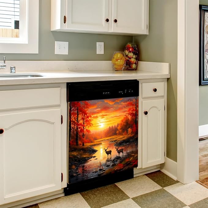 Dishwasher Magnet Cover Forest River Sunset Deer Reusable Dishwasher Magnetic Cover Sticker Decorative Dish Washer Door Cover Panel for Home Kitcen Appliance, 21x26 in