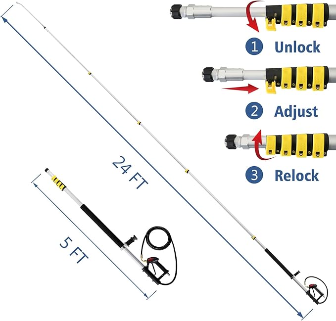 janz Aluminum 24 FT Telescoping Pressure Washer Wand with Pressure Washer Extension Wand,Gutter Cleaner Attachment, 5 Spray Nozzle Tips, 2 Hose Inlet Adapters and Support Harness