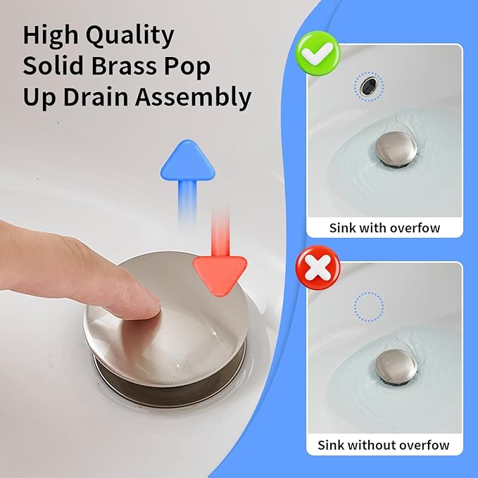 BWE Bathroom Faucet Brushed Nickel Waterfall Single Hole Matching Pop Up Drain Stopper Handle Sink Faucets Bath Vanity Lavatory Vessel Commercial Satin with Water Supply Hose
