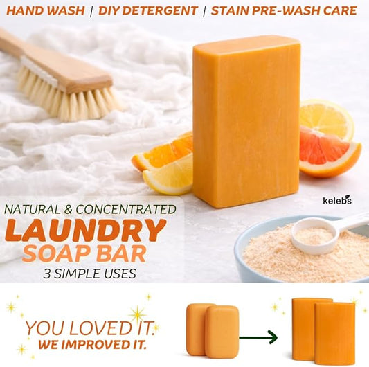KELEBS Laundry Soap Bar - Natural Citrus Formula with Organic Ingredients - Stain Remover for Delicate Clothes, Underwear, Collar - 7 Bars | Aluminum Packaging