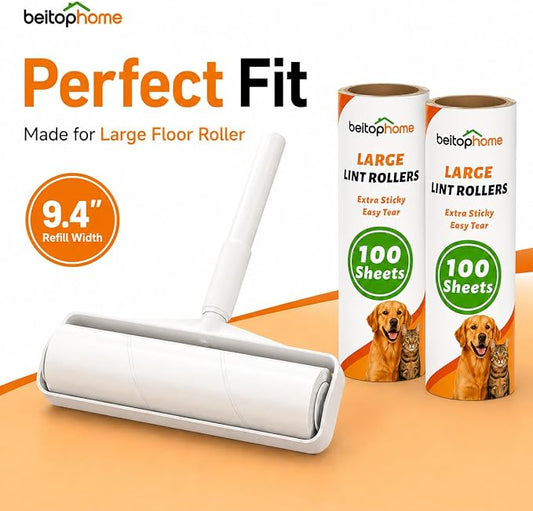 Large Lint Roller Refills, 9.44-Inch Wide, 200 Sheets | 2 Extra Sticky Replacement Rolls for Pet Hair, Refills Only - Image 2