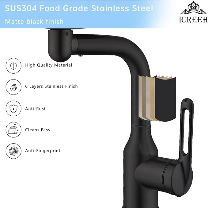 Bathroom Sink Faucet 1 Hole, Matte Black Multifunctional Basin Faucet with 4 Water Outlet Modes, Modern 360°Rotatable Bar Tap with Two Water Supply Pipes