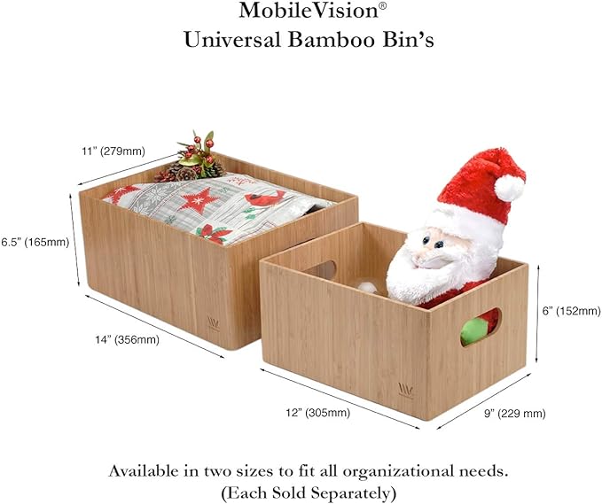 MobileVision Bamboo Bathroom Bin Organizer for Toiletries, Make Up & Cosmetics, Brushes, Styling Tools & Products, Cleaning Supplies, Toilet Paper 14” x 11” x 6.5” With White Clip Included