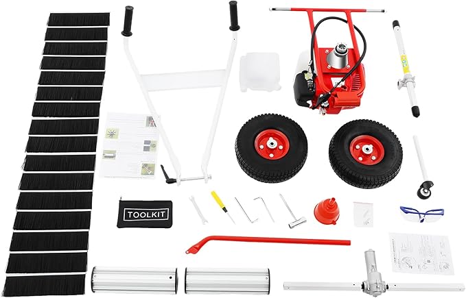 2-Stroke Gasoline Lawn Yard Sweeper, 43cc 8500rpm 1.7hp Handheld Outdoor Leaf Broom Walk-Behind Outdoor Hand Push Sweeper Lawn Cleaning Driveway Tools w/Tool Kit for Sweep Leaves Dirt from Lawns