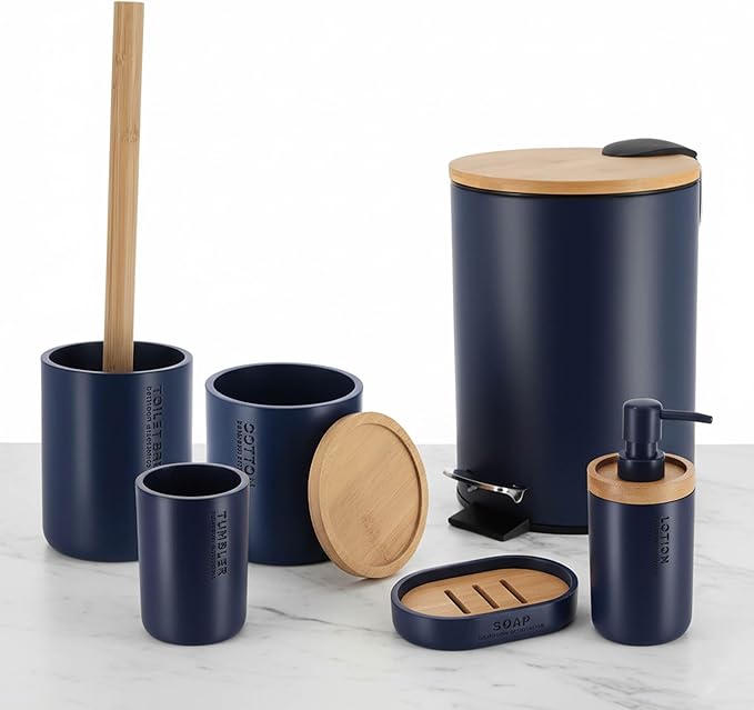 Compact Navy Blue Toilet Brush and Holder Set with Natural Bamboo Handle - Durable Toilet Bowl Brush for Deep Bathroom Cleaning