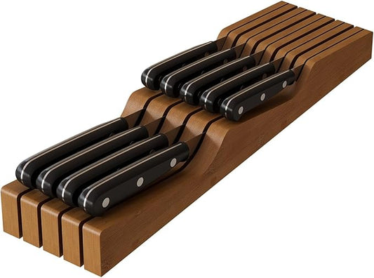 In-Drawer Knife Block Organizer - Bamboo Wood Drawer Knife Organizer-Protecting Knife Organizer Block (Not Included) (Brown, 9 Knives Dock)