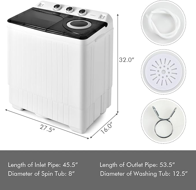 COSTWAY Portable Washing Machine, 2-in-1 Twin Tub 26lbs Capacity Laundry Washer(18lbs) and Spinner(8lbs) with Control Knobs, Timer Function, Drain Pump, Perfect for Home Apartment RV, Black