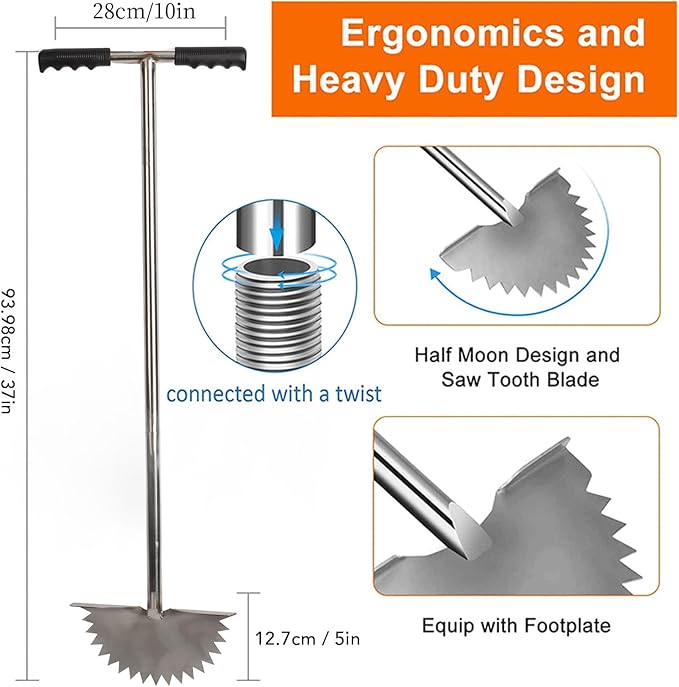 Manual Lawn Edger with Saw Tooth Blade, Half Moon Edger Lawn Tool, Stainless Steel Garden Edger with T Grip Handle for Cleaning Edges Along Sidewalks Driveways and Flower Beds