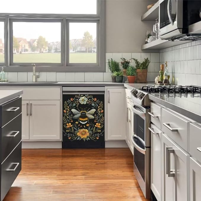 Flower and Bee Pattern Dishwasher Magnet Cover Sticekr - Kitchen Decorative Fridge Panel Decal - Kitchen Appliances Decorate Sticker - 23W x 26H inchs