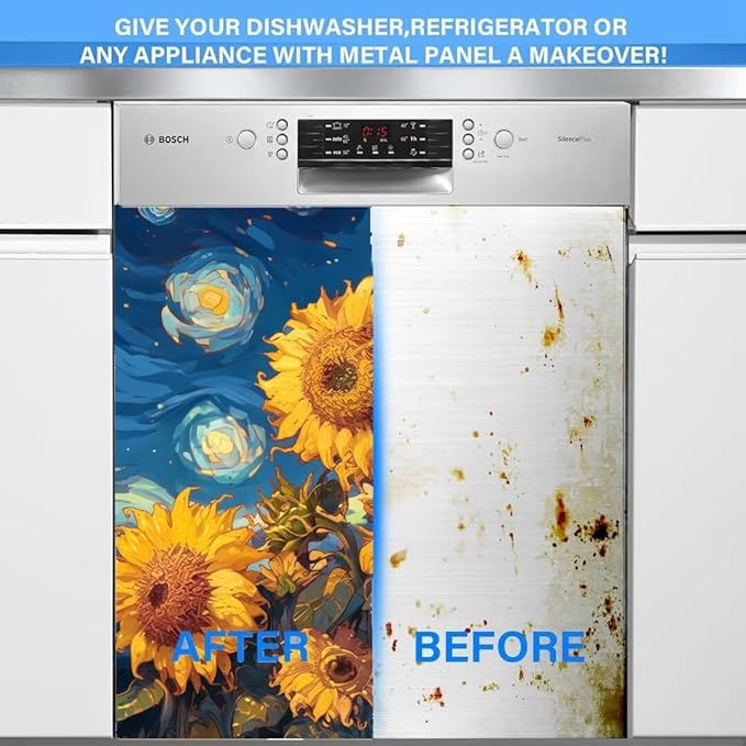 Farmhouse Sunflower Dishwasher Magnetic Covers for The Front, Starry Night Style Flowers Magnetic Dishwasher Sticker, Sunflower Painting Fridge Magnetic Skins Cover - 23" W x 26" H Magnetic