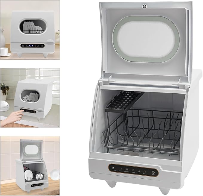 Portable Tabletop Dishwasher, 800W Dishwasher with 5 Washing Programs, Compact Dish-washer with 360° Rotating Spray, High-Temperature Water+Hot Air Circulation Drying, for Home, Apartments& RVs, White