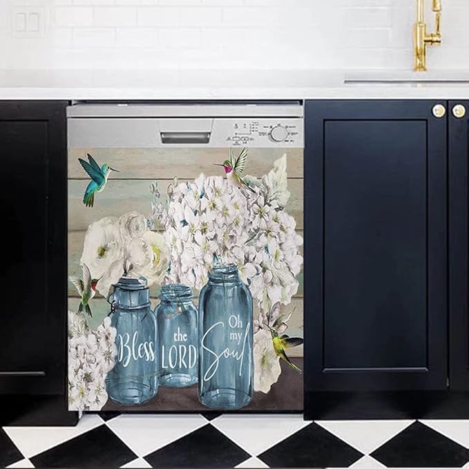 Farmhosue Floral Dishwasher Magnet Cover Decals Dishwasher Magnetic Sticker,Flower Vase Bless Home Magnets Panel Decal for Home Kitchen Appliance Decor 23"x26"