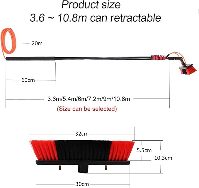 Telescopic Water Fed Window Cleaner Kit - 30cm Brush, 20M Hose, Extendable Roof Cleaning Tools, Conservatory Roof Brush for Effortless High Reach Cleaning