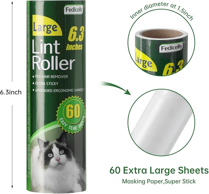 Fedicelly Large Lint Rollers Pet Hair Extra Sticky Floor, Cat Dog Hair Remover Laundry Clothes Carpet Furniture,6.3 inches Wider with 320 Sheets Giant Lint Remover Brush for Couch with Long Handle - Image 5