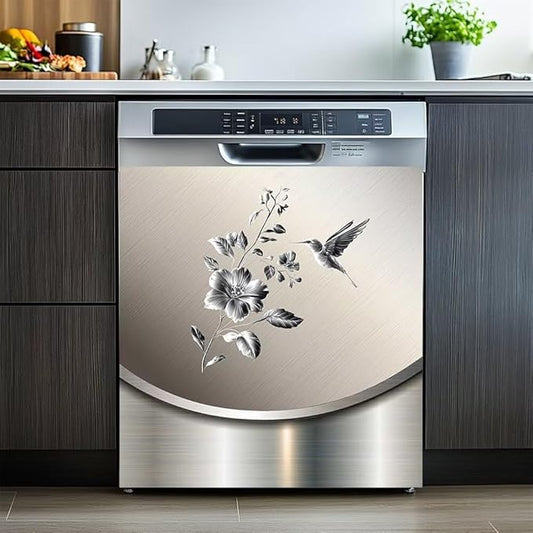 Dishwasher Magnet Cover Sticker,Stainless Steel Design Bird and Flower Pattern Magnetic Refrigerator Door Decal Magnets Kitchen Decor Sticker Fridge Magnets Decor Panel,23W x 26H inchs