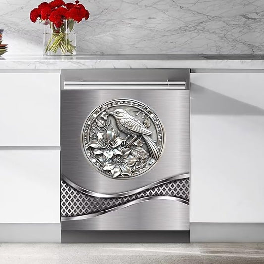 Stainless Steel Design Bird Pattern Dishwasher Magnet Cover Sticker,Refrigerator Magnet Cover Decal Fridge Microwave Stickers Kitchen Decor,23 x 26 Inch