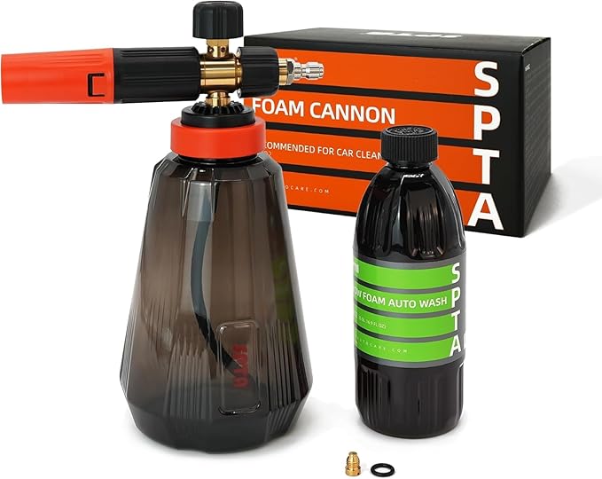 SPTA PRO Foam Cannon (Thicker Snow Foam Technology) with 1/4 Inch Quick Connector for Pressure Washer (Wide Mouth), 34 Oz Bottle (1/4" Quick Connector) with Adjustable Thick Foam+16Oz Car Wash Soap