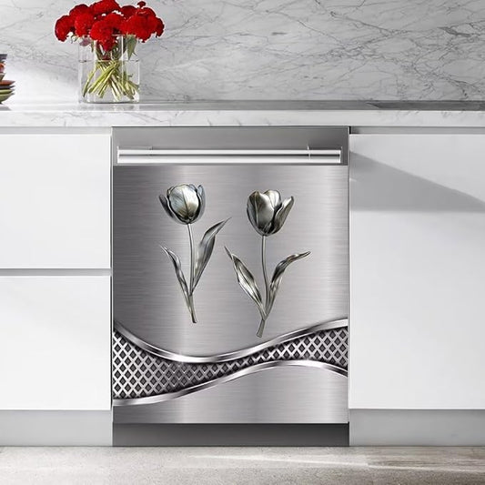 Stainless Steel Flower Pattern Dishwasher Cover Decorative Magnetic Sticker Kitchen Refrigerator Covers for The Front Fridge Door Magnet 23W x 17H inchs