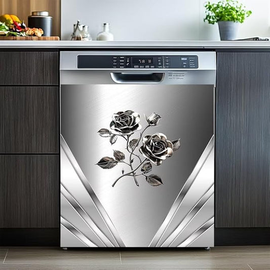 Magnetic Dishwasher Stickers Cover for Front Door,Stainless Steel Design Flower Pattern Refrigerator Magnetic Cover Kitchen Decorative,Home Appliance Vinyl Sticker 23W x 26H inchs