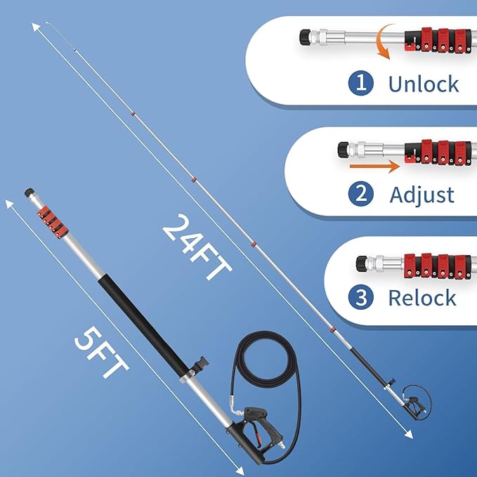 24FT Telescoping Pressure Washer Wand Kit - Extension Pole, Gutter Cleaner, Brush & 5 Nozzles for Roof, Deck, Vehicle, Sidings
