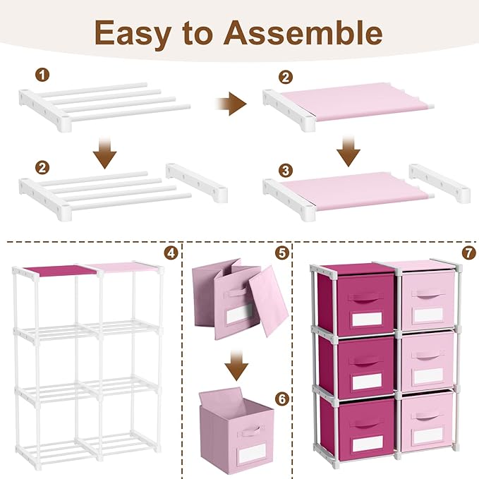 Geelin 6 Sets Cube Storage Organizer Bins with Shelf & Labels 11 Inch, Fabric Collapsible Cubby Toys Clothes Storage Drawer Unit for Daycare Nursery Playroom Bedroom Dorm Organizer (Pink Mix)