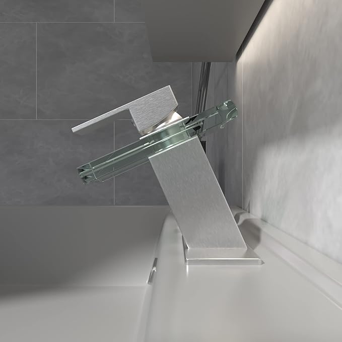 BWE Waterfall Bathroom Faucet Brushed Nickel Glass Spout Vanity Faucets for Bathroom Sink 1 Hole Single Handle Modern Lavatory Bath Mixer Tap with Faucet Supply Hose