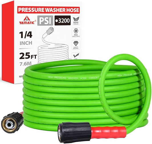YAMATIC Flexible Pressure Washer Hose 25FT 1/4", 3200 PSI, M22-14mm Female Ends, Kink-Resistant Replacement for Gas/Electric Power Washer Troy-Bilt Ryobi Craftsman
